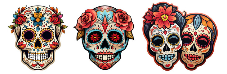 set of sugar skull, day of death, mexican style on  isolated background. sticker pack. illustration