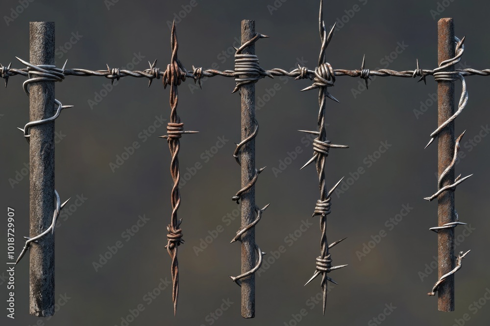 Poster a close-up shot of a barbed wire fence with sharp edges and rusty metal