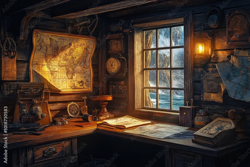 Aufkleber a quiet study space with a desk, a window, and a map for planning and navigating
