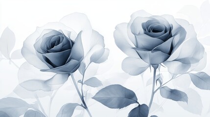 Two Delicate Blue Roses and Foliage in a Watercolor Effect