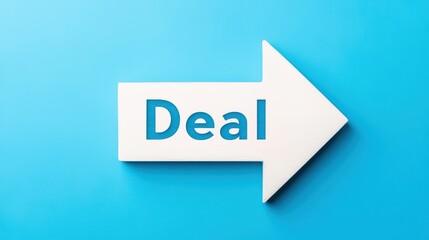 White arrow pointing right with the word Deal on a blue background, perfect for promotions and marketing.