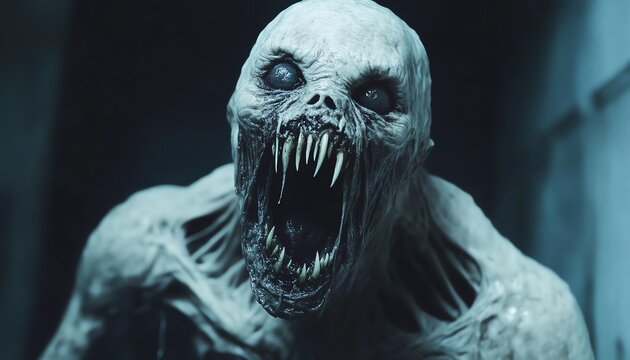 A terrifying creature emerges from the shadows, showcasing its menacing teeth and skeletal features in a dark, eerie environment.