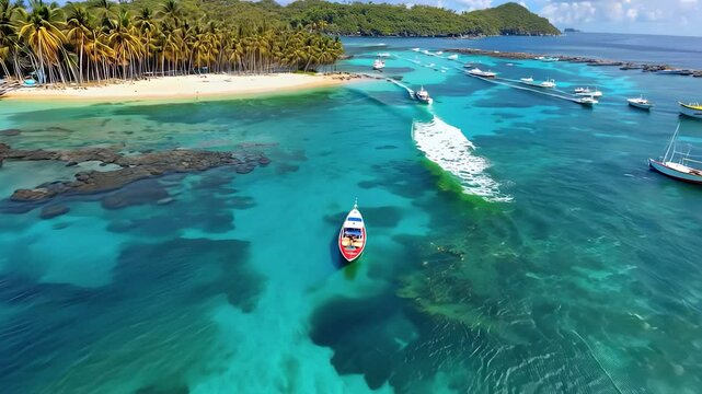 First-person flight, over a tropical island with turquoise waters, lush greenery and sandy beaches creating a paradisiacal view.