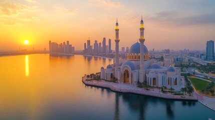 Obraz premium An aerial view of a grand mosque with a golden dome and minarets, situated on a small island in a calm body of water, with a cityscape and sunrise in the background.