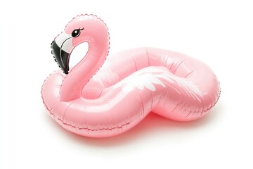 Fototapeta premium A pink inflatable flamingo floating on a white surface, great for party decoration or as a fun prop