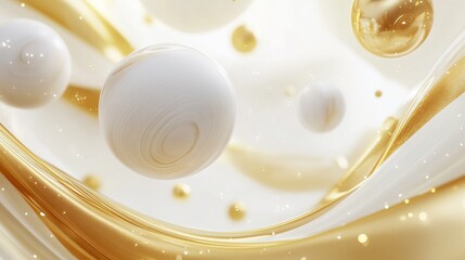 Fototapeta premium Merry Christmas and Happy New Year background with realistic 3D transparent glass ornaments, decorative white balls with gold swirls and glass fir cones in an elegant holiday design.