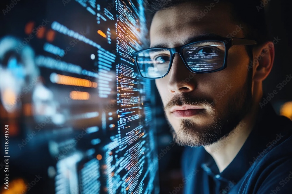 Poster a person wearing glasses sits in front of a computer, focused on the screen