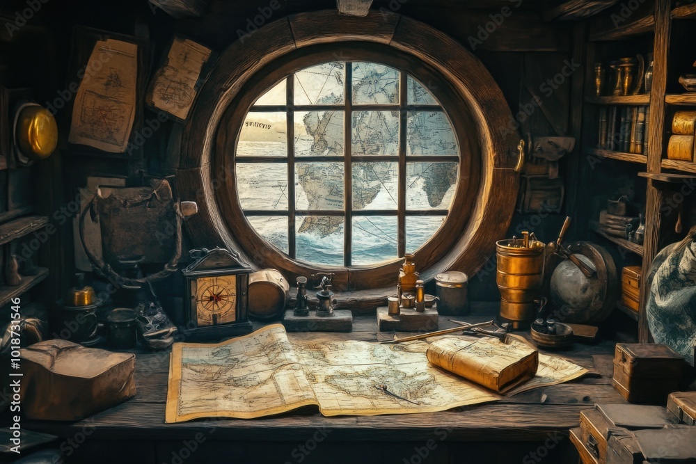 Poster a room with a window and a map on a table, useful for travel or adventure scenes