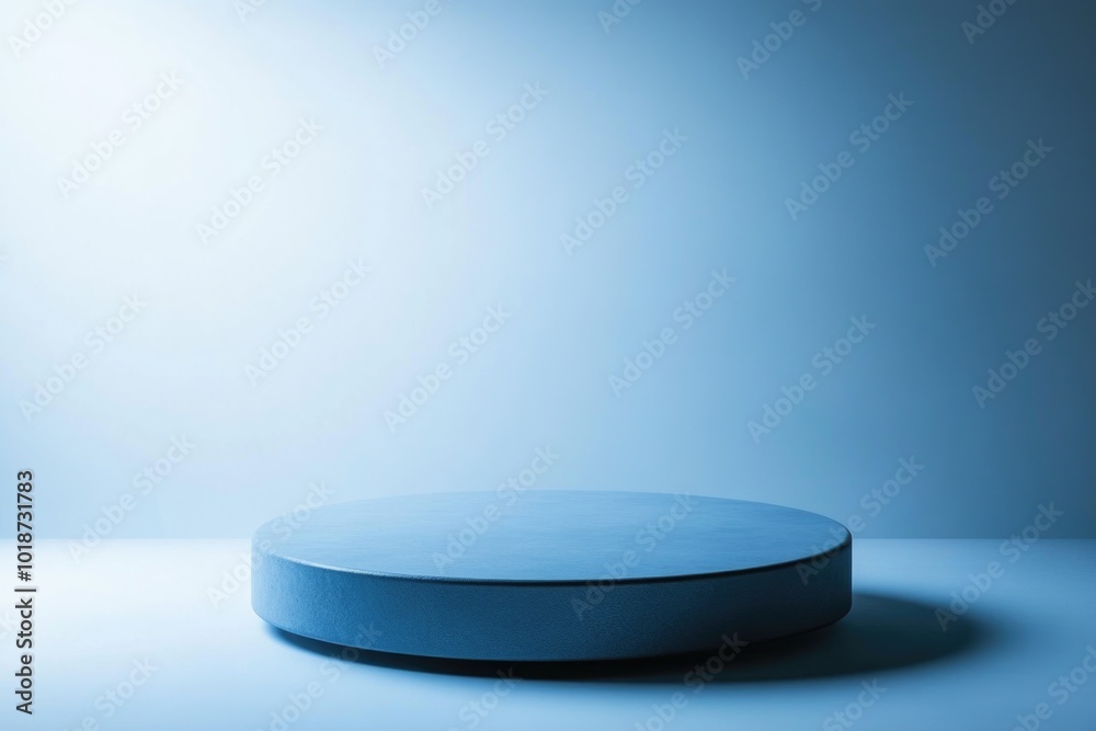 Poster a white round object sits on a blue surface