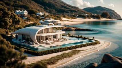 Naklejka premium a villa with a beach view and the ocean in the background.