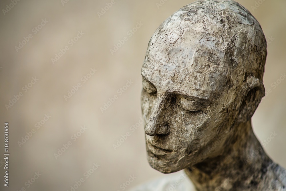Poster close-up view of a statue of a man's face, detailed and realistic