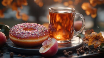Cozy Autumn Setting with Apple Cider Donuts and Warm Cider for Seasonal Gatherings
