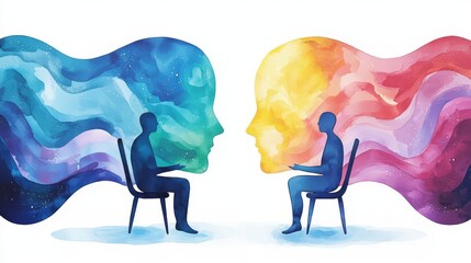 Vibrant watercolor silhouette of two people conversing, with colorful, flowing ideas symbolizing communication and connection.