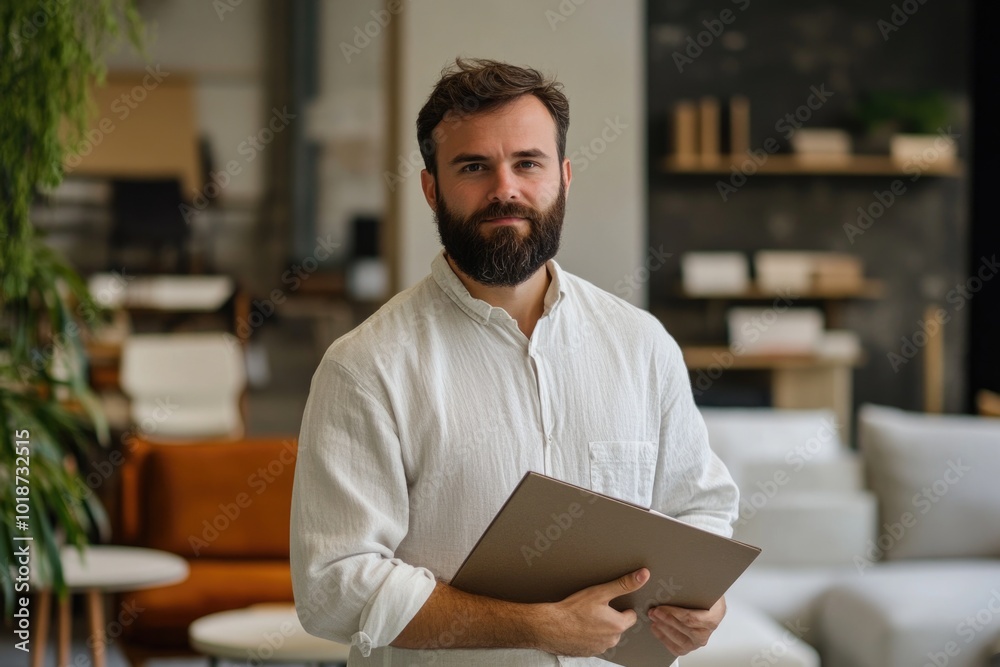 Poster a person with a beard holds a folder in his hand, possibly for work or organization