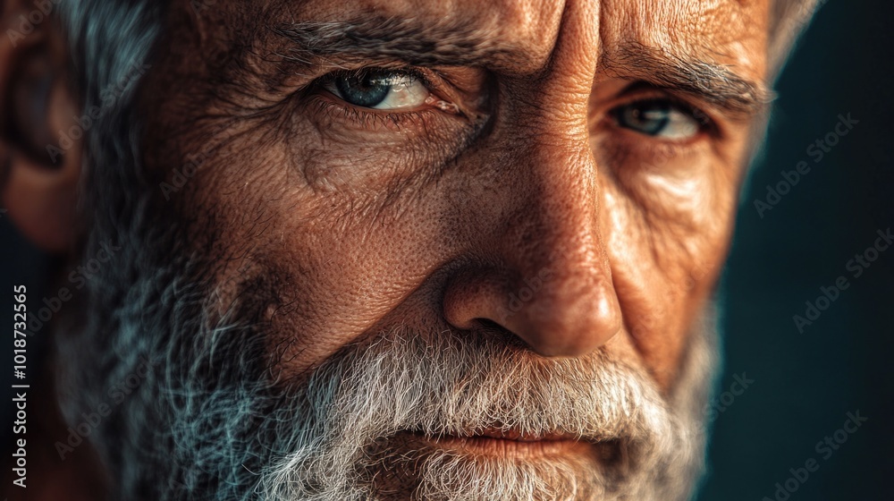 Poster a portrait of a man with a beard, ideal for editorial or commercial use
