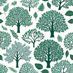 Seamless Pattern of Various Trees and Leaves on White Background