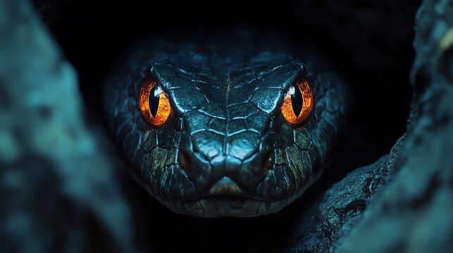 Intriguing close-up of a snake with striking orange eyes emerging from a dark background, showcasing the beauty of wildlife.