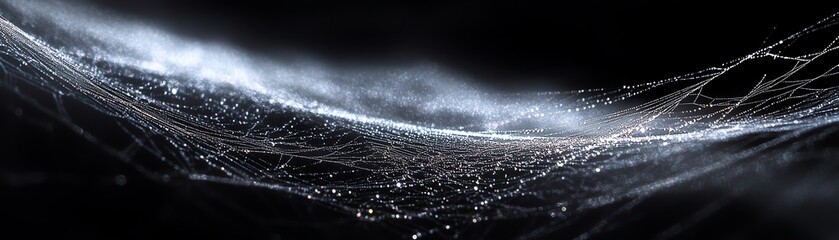 Spider webs glistening in the dark, intricate threads against a black background