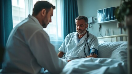 Obraz premium A patient discusses their condition with a doctor in a hospital setting