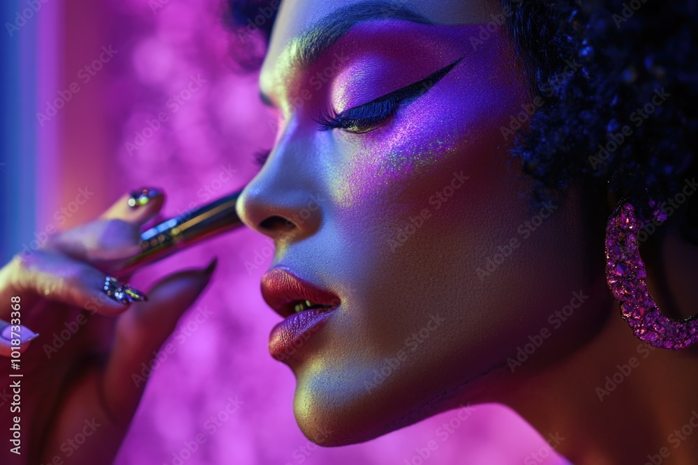 Poster a close-up view of a person's face with makeup applied, suitable for use in beauty or lifestyle cont