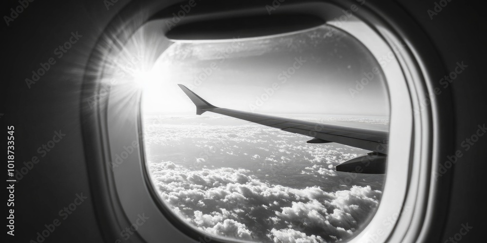Poster A view from an airplane window showing the sky and clouds