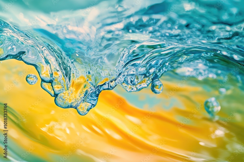 Poster A close-up view of an ocean wave with water droplets and foam, suitable for use in beach-themed designs or as a texture element