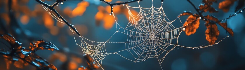 A stunning close-up of delicate spider webs adorned with dew droplets against a blurred autumn background.