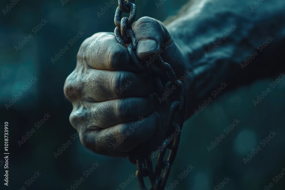Poster a close-up shot of a person grasping a chain, often used in editorial or news contexts