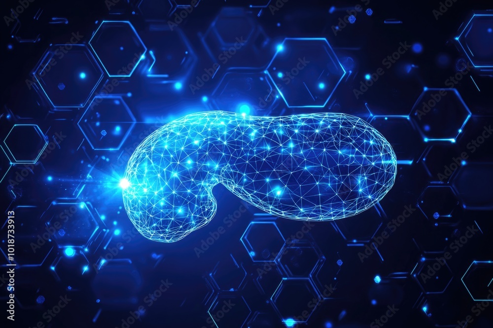Poster a futuristic illustration of a brain with glowing blue lines and hexagons in the background, ideal f