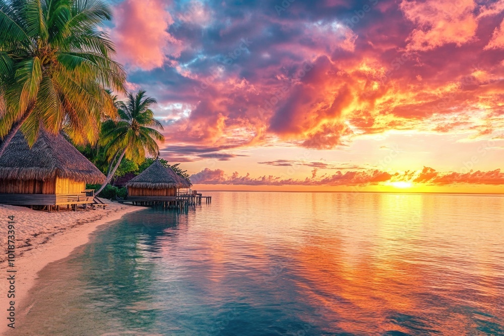 Poster a beach scene with a small hut and palm trees at sunset