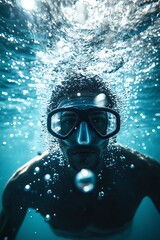 Fototapeta premium A captivating underwater scene featuring a person wearing diving gear and surrounded by bubbles in crystal clear water.