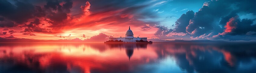 Fototapeta premium A stunning sunset over a calm lake, reflecting vibrant colors and a serene structure against a dramatic sky.