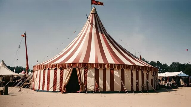 Colorful retro circus tent. Fun festival carnival. Mystery spooky fair. Yellow and red stripes. Beautiful magical show. Weird fancy vintage retro performance park. Halloween horror party outdoors.