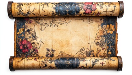 Vintage scroll with intricate floral designs, perfect for historical projects or artistic presentations.