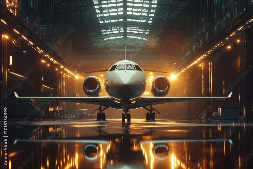 Poster A large Boeing jetliner sits inside a spacious hangar, ready for maintenance or storage