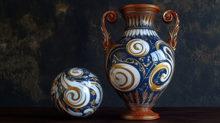 3D rendering of glossy white and gold spheres and glass spheres with white and gold swirls in an elegant vase against a dark background with reflective lighting and a luxurious finish.