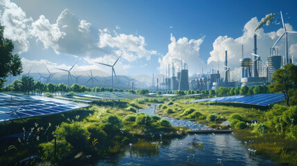 A futuristic city powered by microgrid technology managing solar and wind energy, with sleek infrastructure and energy storage systems. Clean, tech-forward visuals.