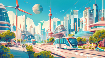 A futuristic city showcasing the possibilities of renewable energy powering transportation, homes, and public spaces. Sleek, eco-friendly design with vibrant visuals.