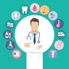 A Circle Of Medical Icons With A White Lab Coat