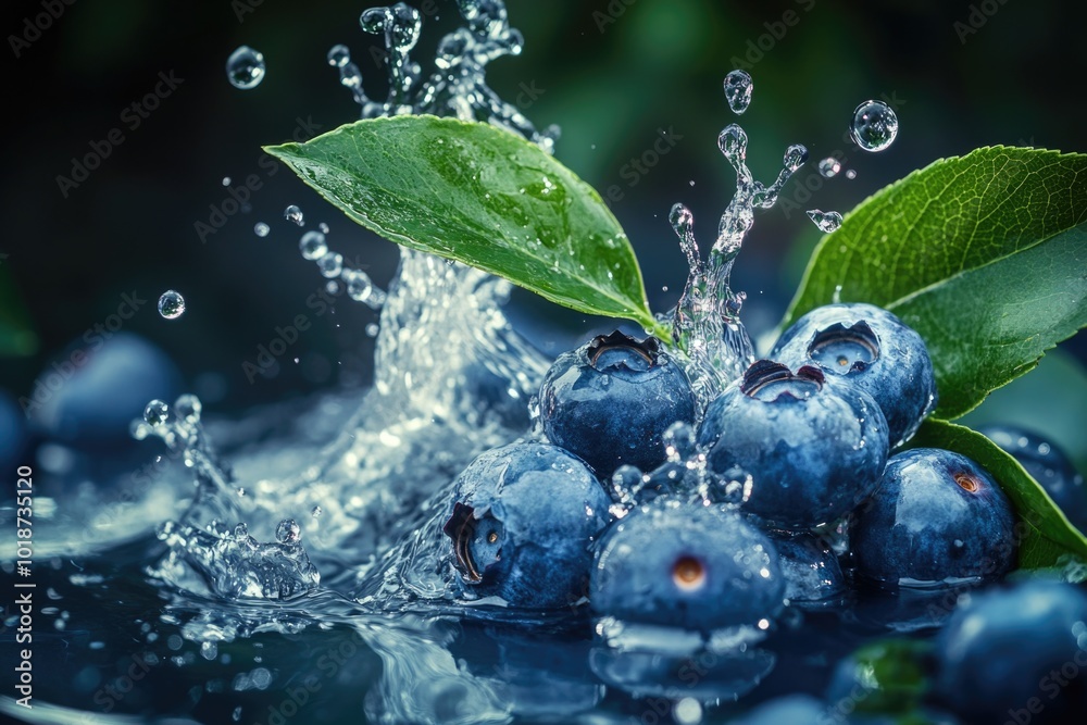 Poster a close-up shot of blueberries falling into the water, creating a splash