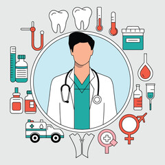 A Circle Of Medical Icons With A White Lab Coat