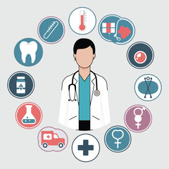 A Circle Of Medical Icons With A White Lab Coat