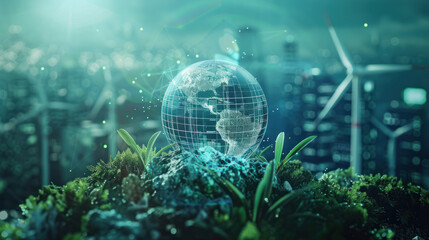 A futuristic conference discussing the role of renewable energy in combating climate change, with global leaders and scientists in a high-tech environment. Clean, professional visuals.