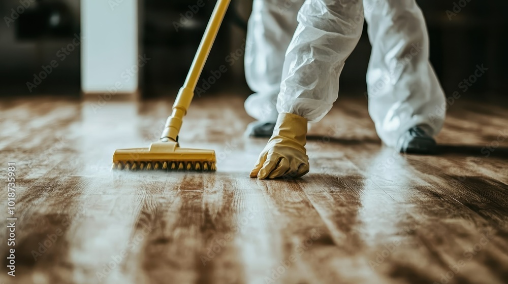 Wall mural a person wearing protective clothing is using a brush to clean a wooden floor, emphasizing hygiene a