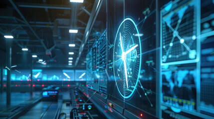 A futuristic control center where AI systems optimize renewable energy grids, managing solar, wind, and hydropower in real-time. Clean, tech-driven visuals.