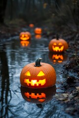 Obraz premium Jack-o'-lanterns with glowing faces float serenely in a dark, reflective body of water surrounded by a spooky forest ideal for Halloween themed content, spooky decorations, and seasonal promotions,