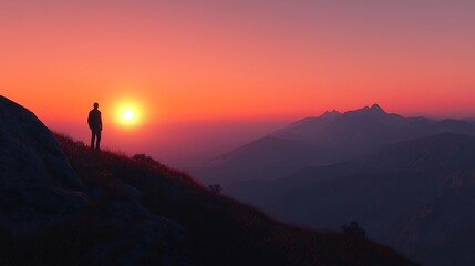 A sunset fading behind a mountain, a person standing in the shadows.