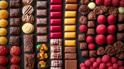 An assortment of gourmet chocolates, caramel, fruit, and candies arranged in neat vertical rows against a black background.