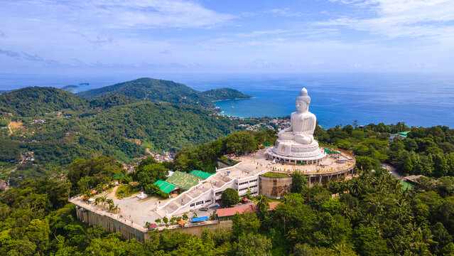 Wide angle view of the Big White Buddha, Phuket, a landmark of Thailand. Copy the area above the sky.