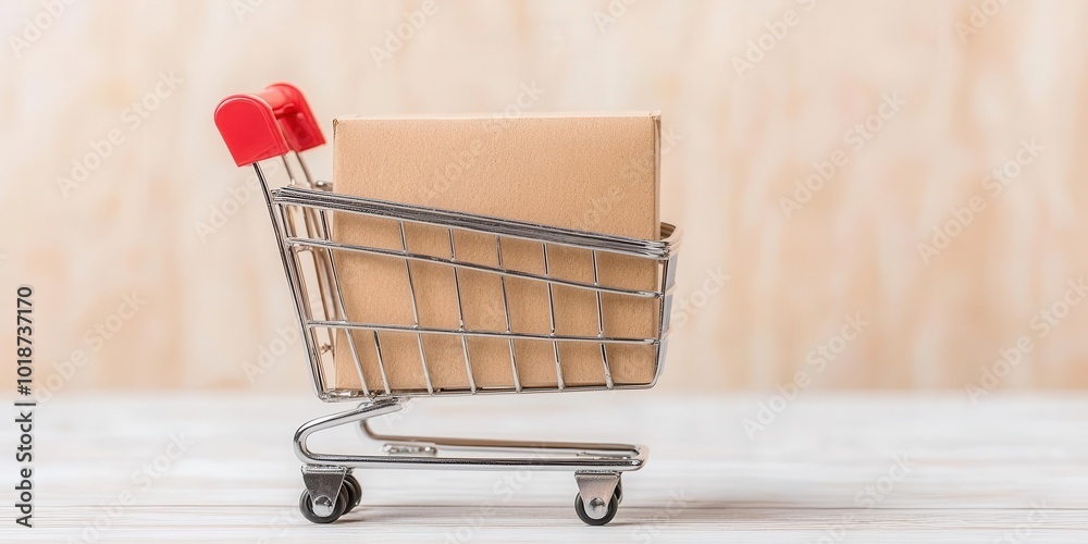 Wall mural shopping cart with a cardboard box, isolated on wooden background.